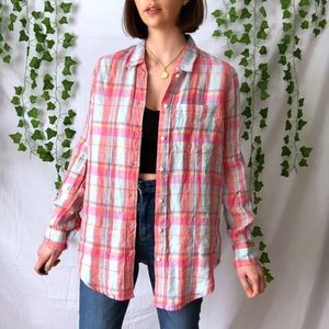 Pastel rainbow plaid linen button up top / flannel shirt
